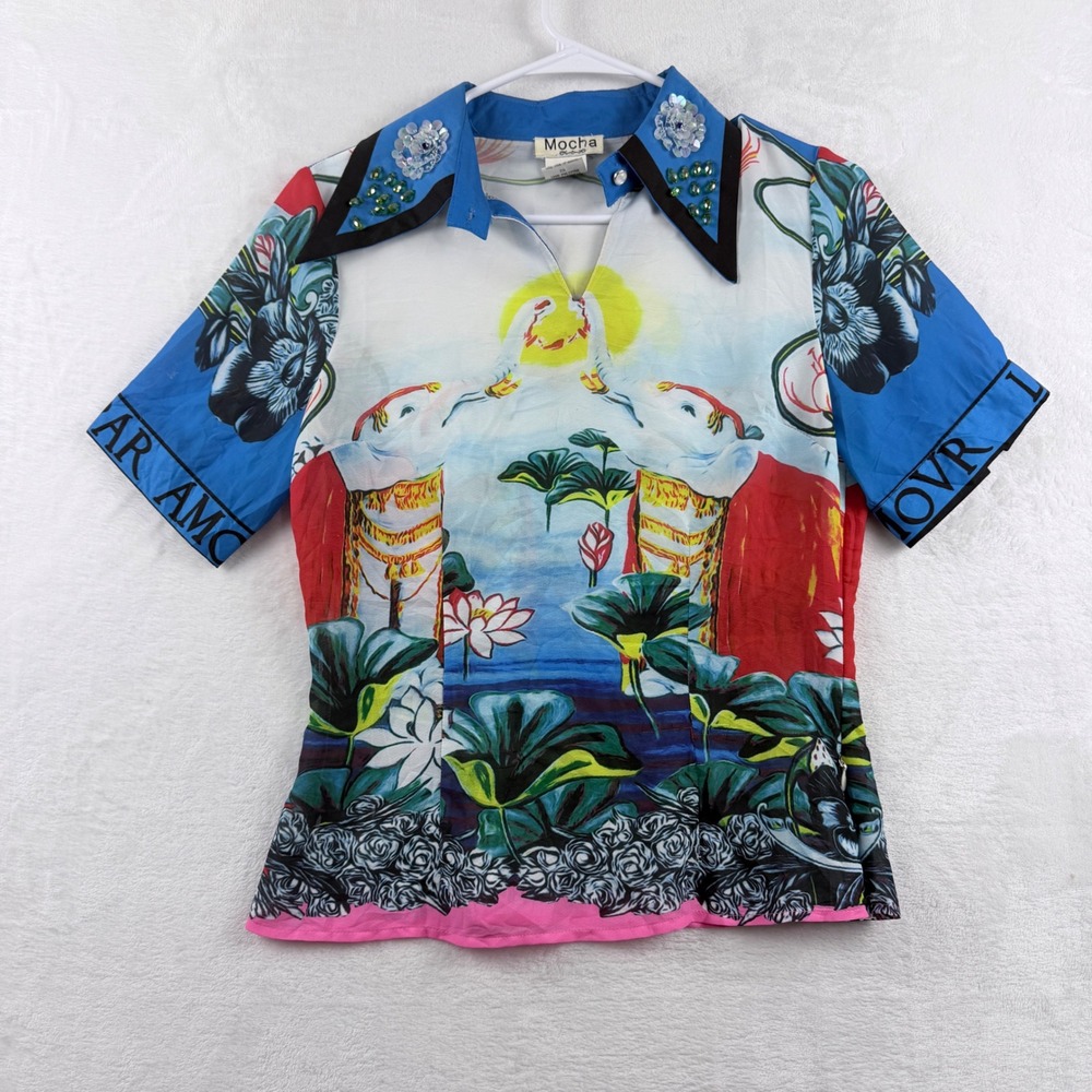 Mocha Top Elephant Lotus‎ Graphic Embellished Collar Size S